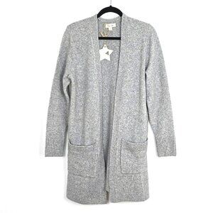 Tres Chic Women's Grey Wool Blend Open Front Long Cardigan Patch Pockets Size M